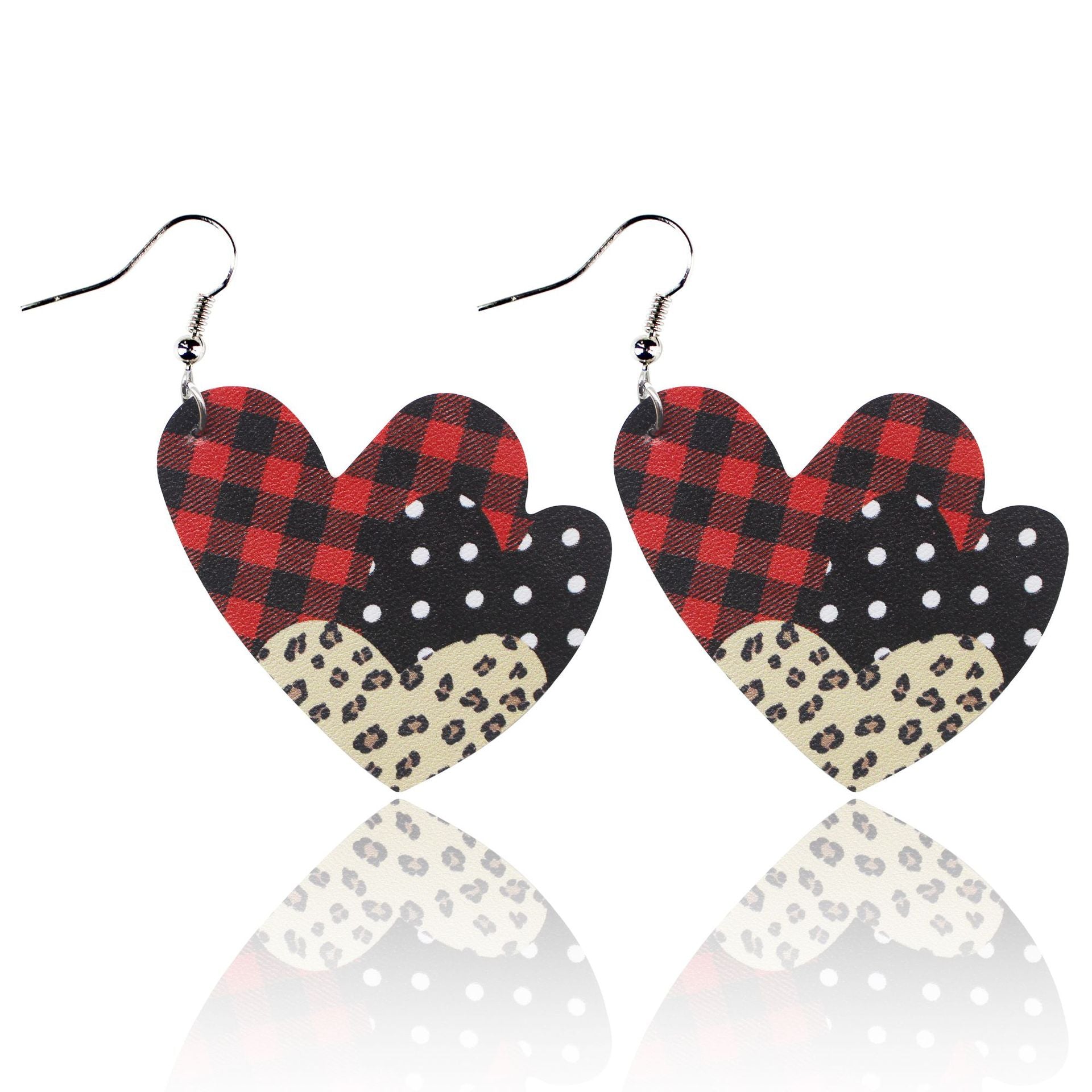 Wholesale Valentine's Day Red and Black Plaid Stripe Tie Dyed Leopard Heart Double Sided Leather Earrings